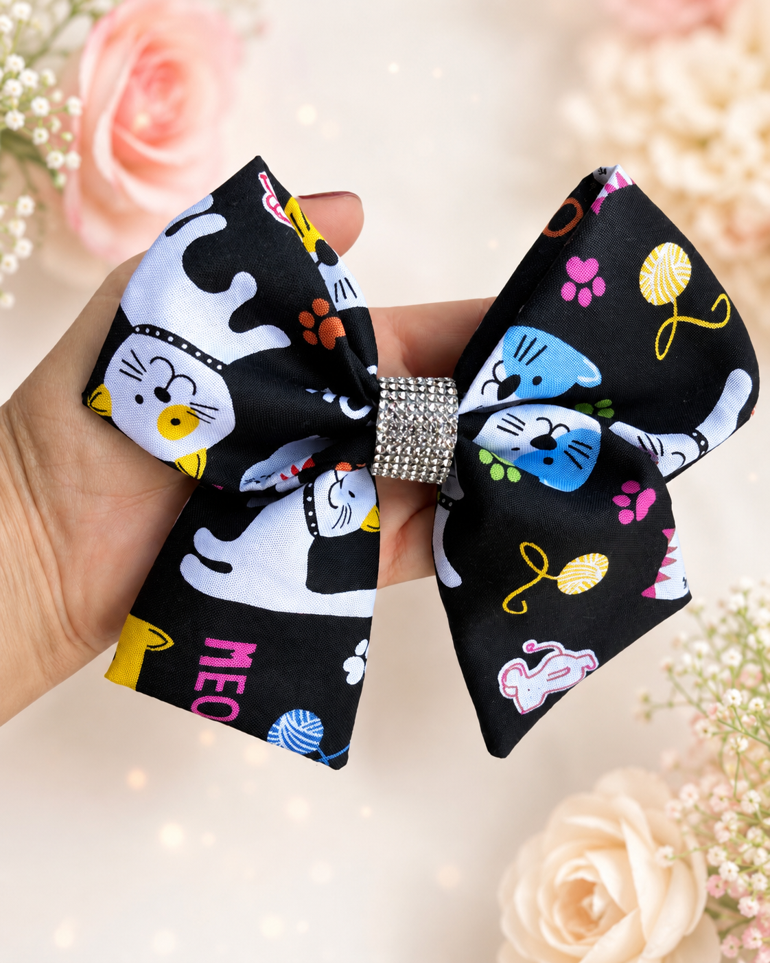Large 6 inch black cat print hair bow for girls