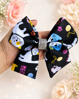 Large 6 inch black cat print hair bow for girls