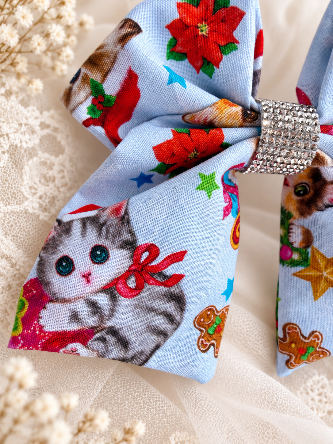 Light blue Christmas cat print statement hair bow with rhinestone center