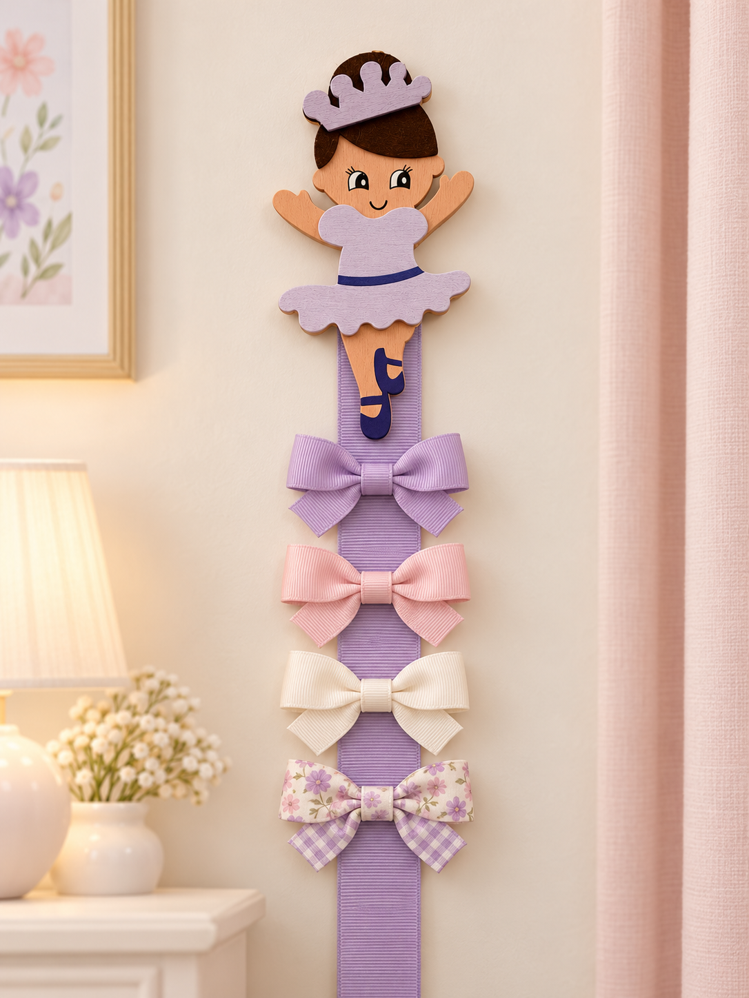 Close view of bows displayed on lavender grosgrain ribbon