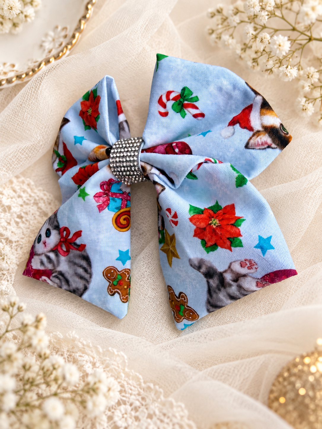 Festive light blue Christmas kitty hair bow for girls
