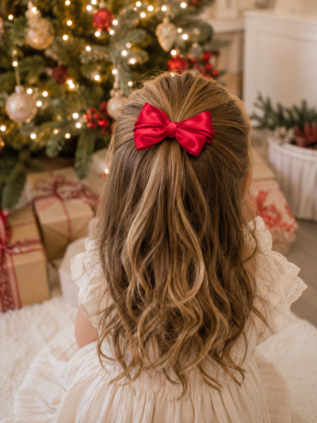 Merry Little Magic, 3.5-inch red satin hair bow worn in a girl's hairstyle to show scale