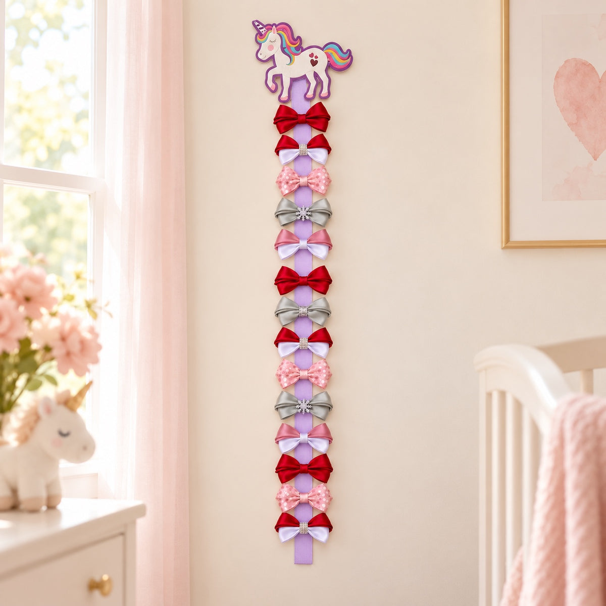 Rainbow unicorn bow holder displaying colorful bows on a 36-inch lavender ribbon in a nursery