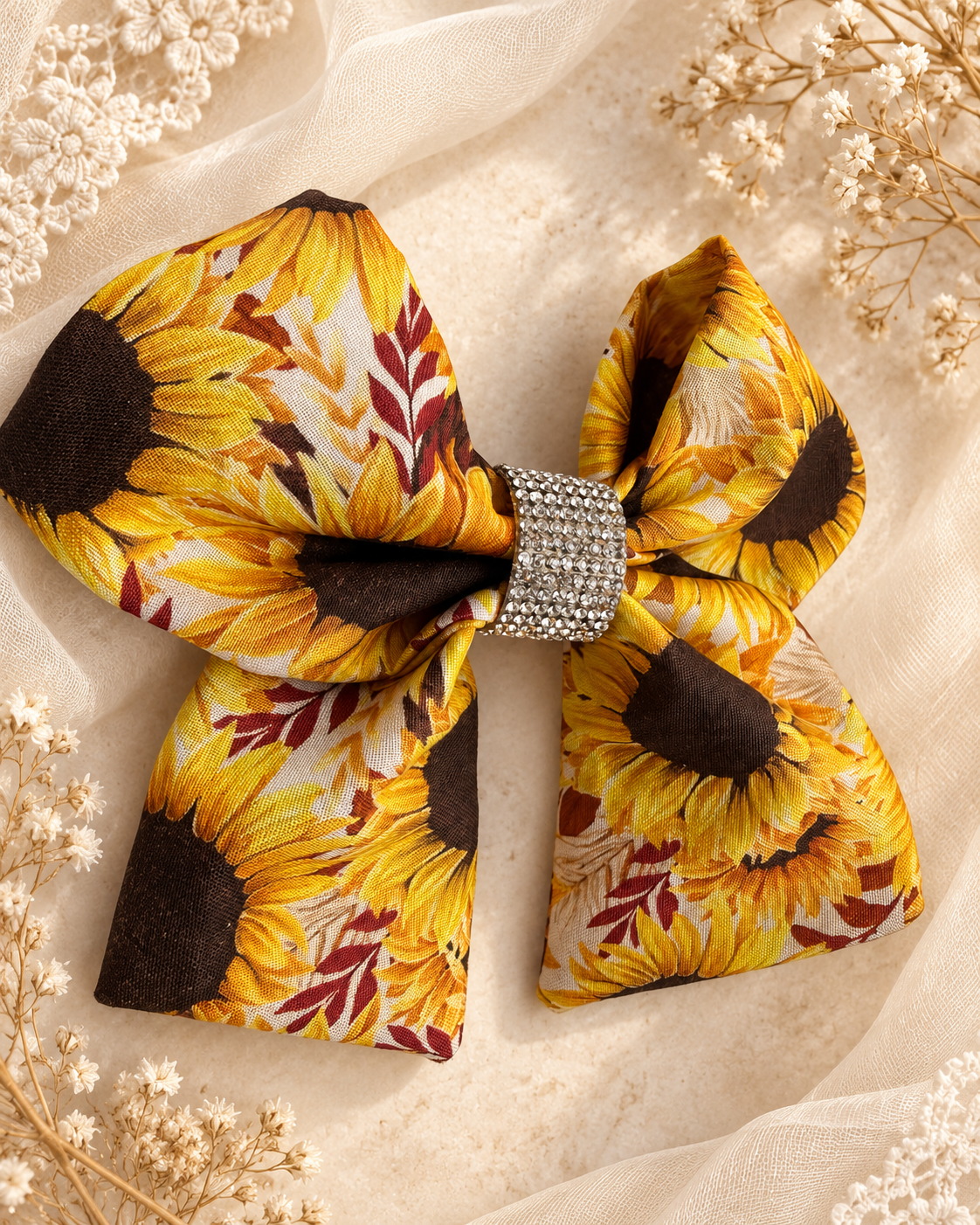 Golden sunflower print boutique hair bow with sparkling rhinestone center