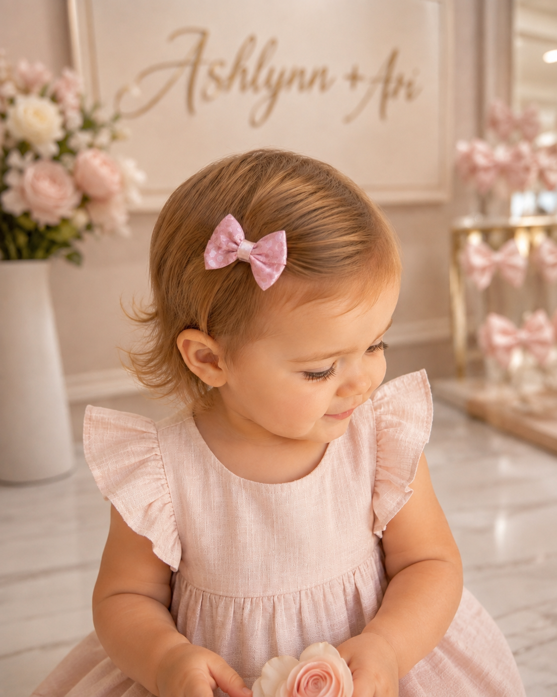 A toddler girl with light brown hair wearing a light pink bow headband and a matching light pink ruffle-sleeve dress, sitting in a beautifully decorated room with floral arrangements and a sign in the background.