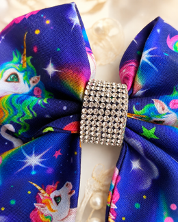 Girls unicorn statement hair bow with rainbow mane and galaxy print