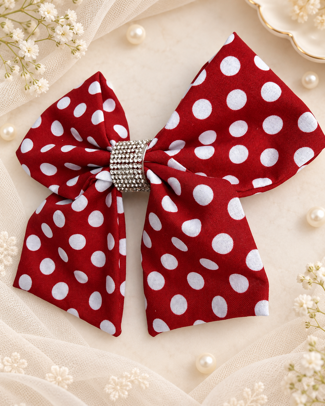 6 inch red and white polka dot hair bow with rhinestone center