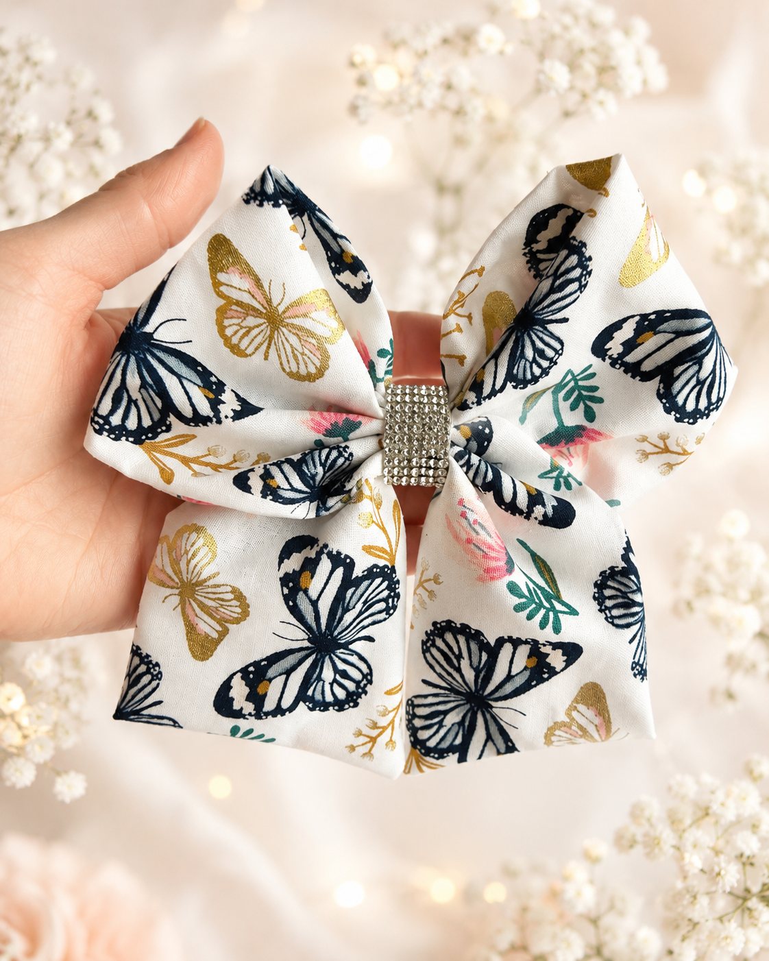 Flutter & Bloom Bow, 6-inch boutique hair bow held in hand to show size
