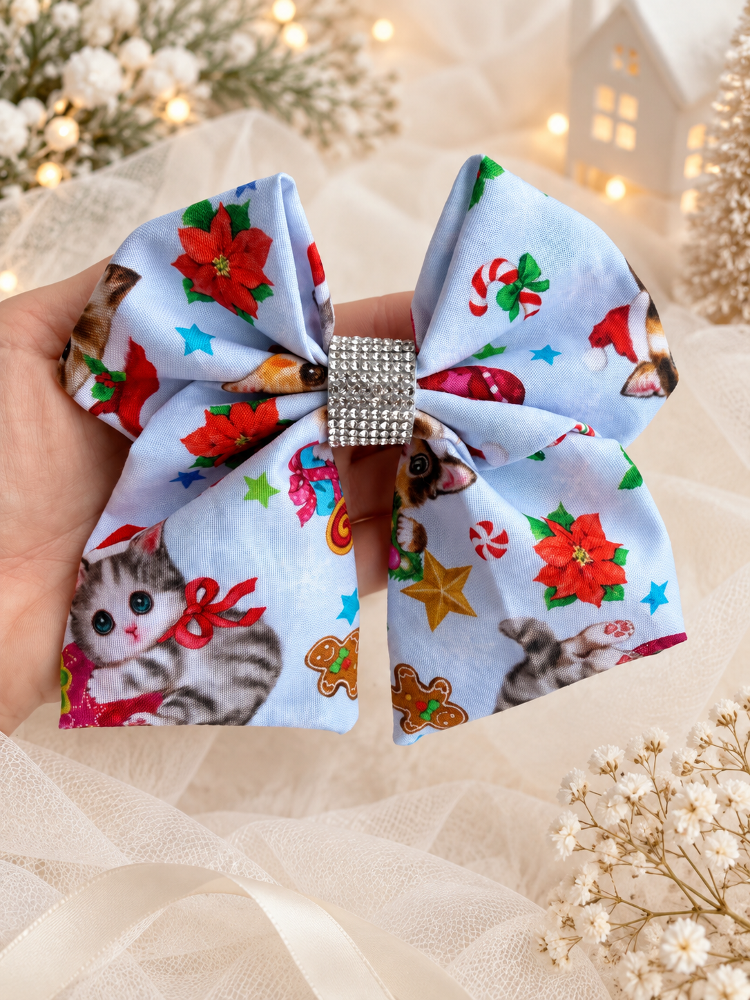 6 inch Christmas cat hair bow for girls with sparkling rhinestone center