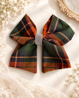 Dark green and burnt orange plaid 6 inch hair bow with rhinestone center