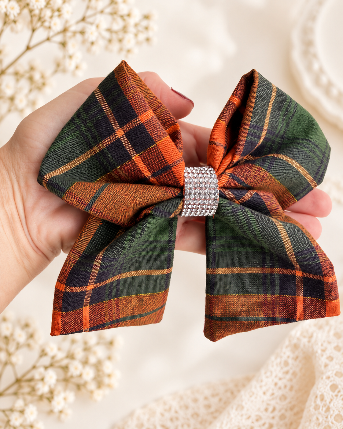 Plaid hair bow styled for girls fall outfits and family photos