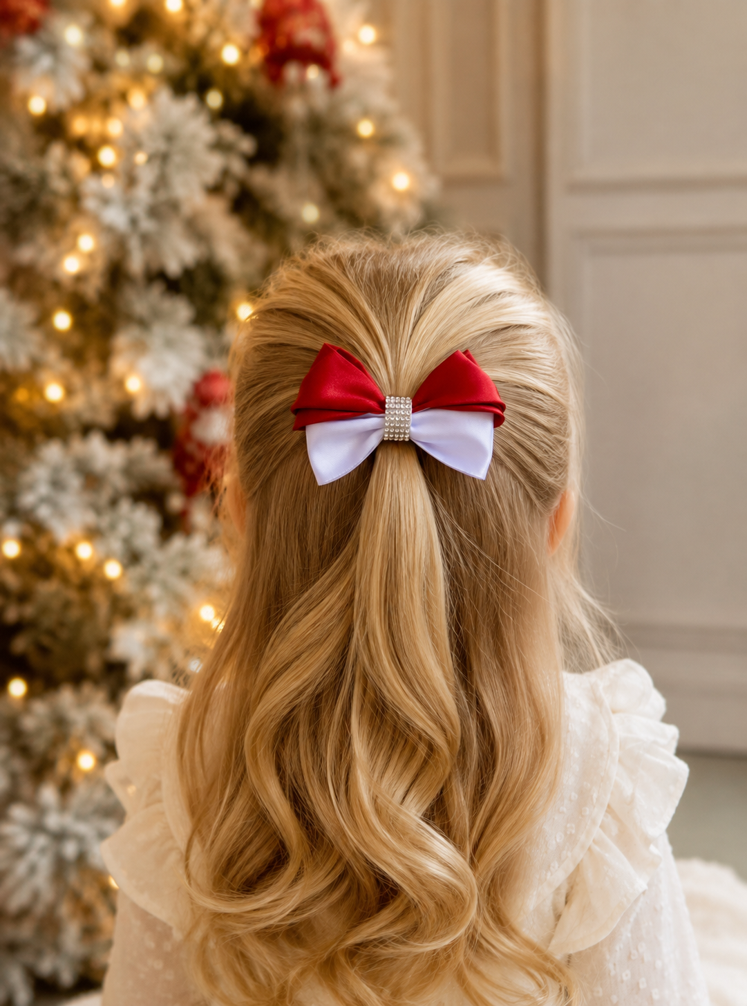 A young girl viewed from behind, wearing a red and white holiday bow in her blonde hair, with a decorated Christmas tree and warm lights in the background.