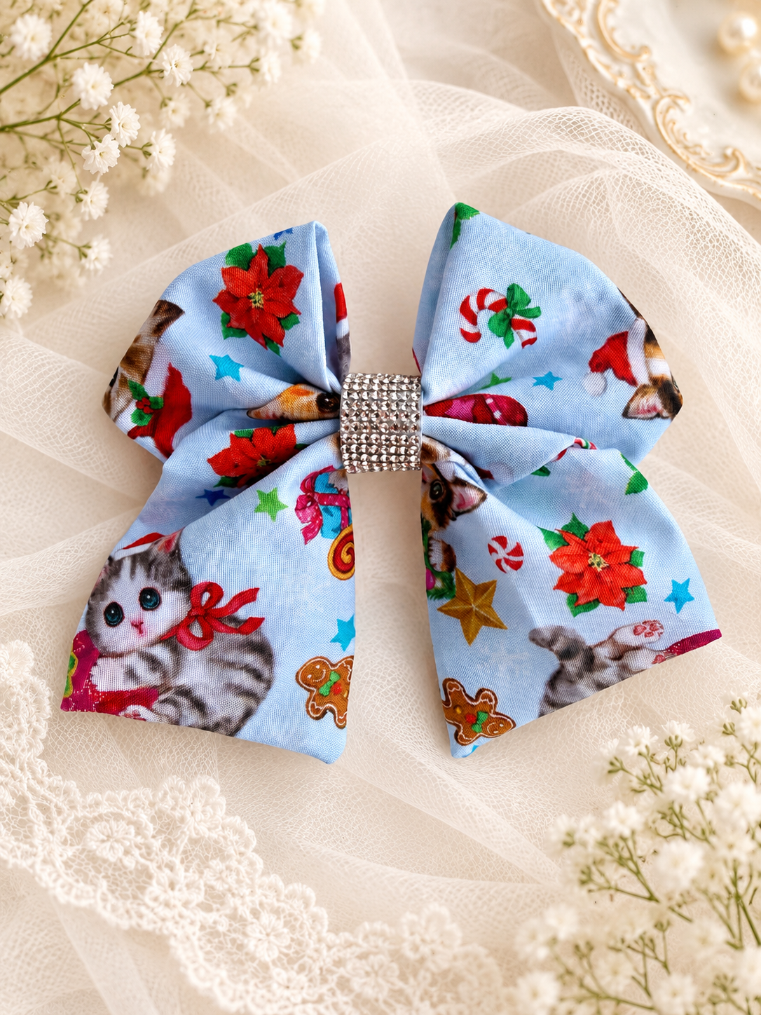 Light blue Christmas cat 6 inch hair bow with rhinestone center