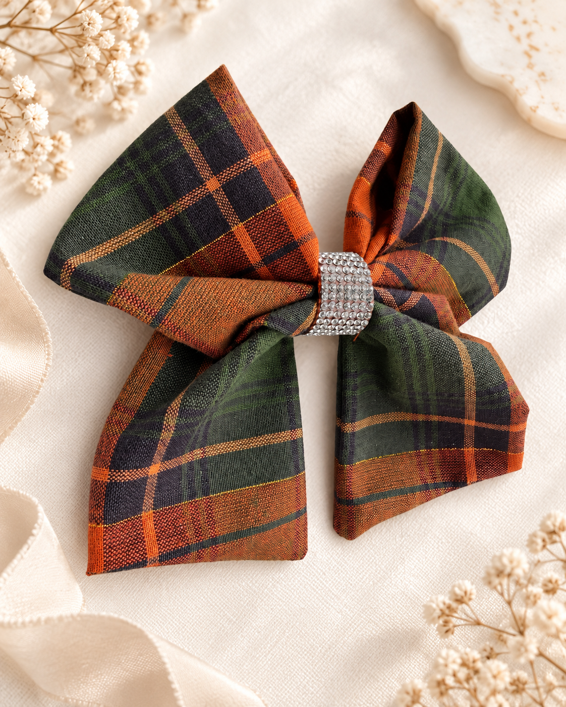Dark green and orange plaid boutique hair bow for fall outfits