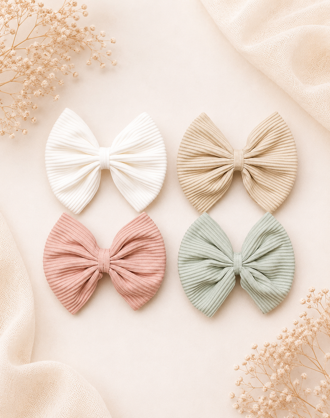 Four pleated fabric hair bows in white, beige, dusty pink, and sage green, arranged in a flat lay on a warm cream background with soft fabric and dried flowers.