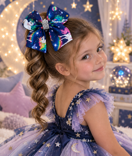 Rainbow unicorn hair bow for girls on deep navy galaxy background