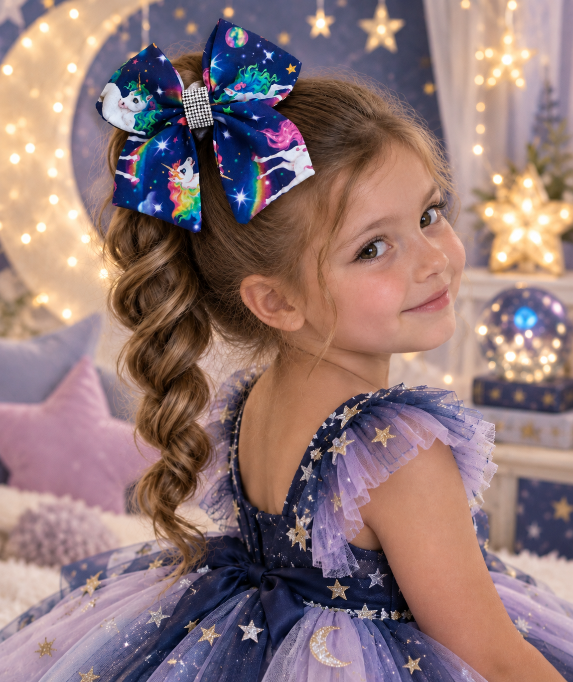 Rainbow unicorn hair bow for girls on deep navy galaxy background