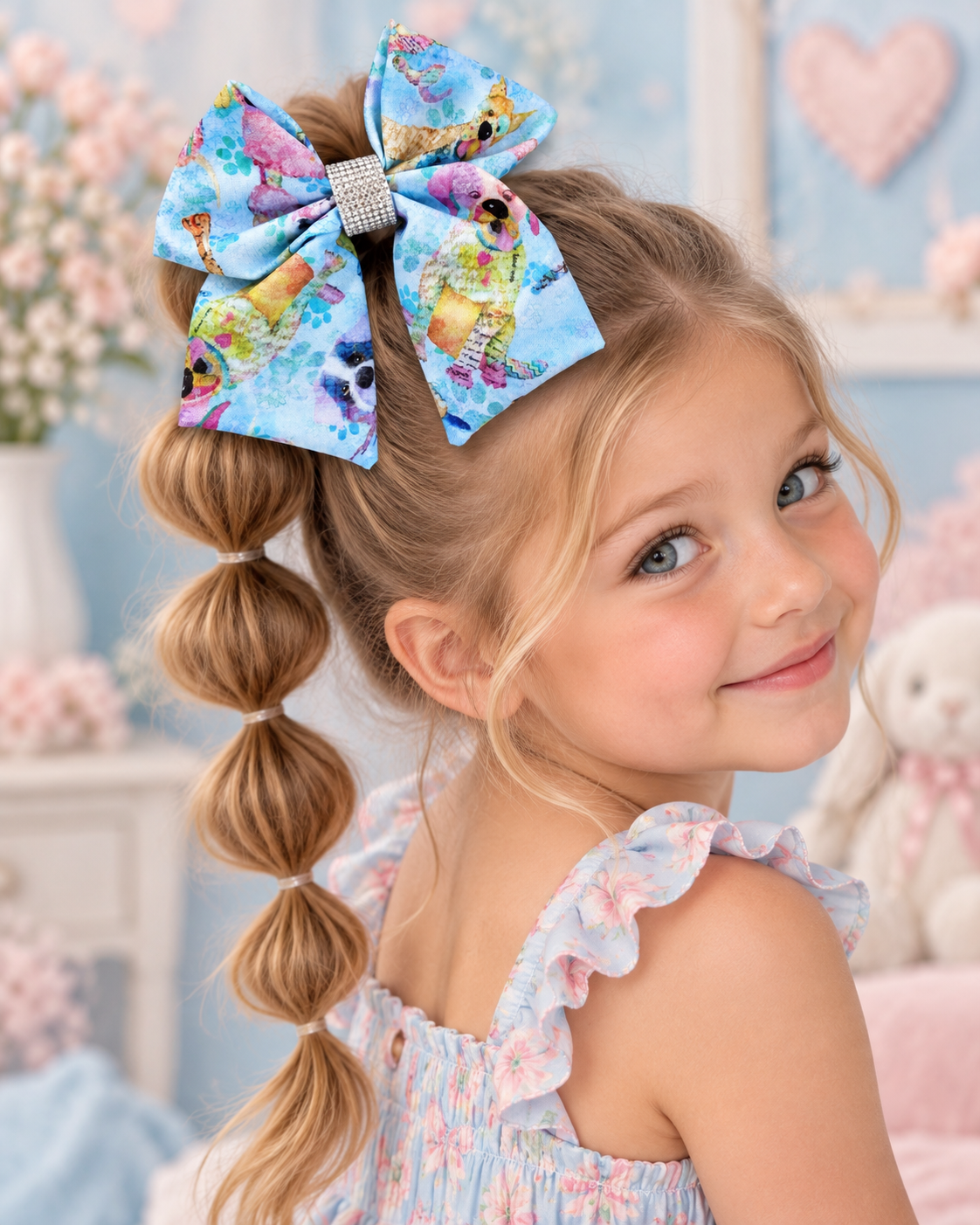 Playful blue puppy hair bow for girls