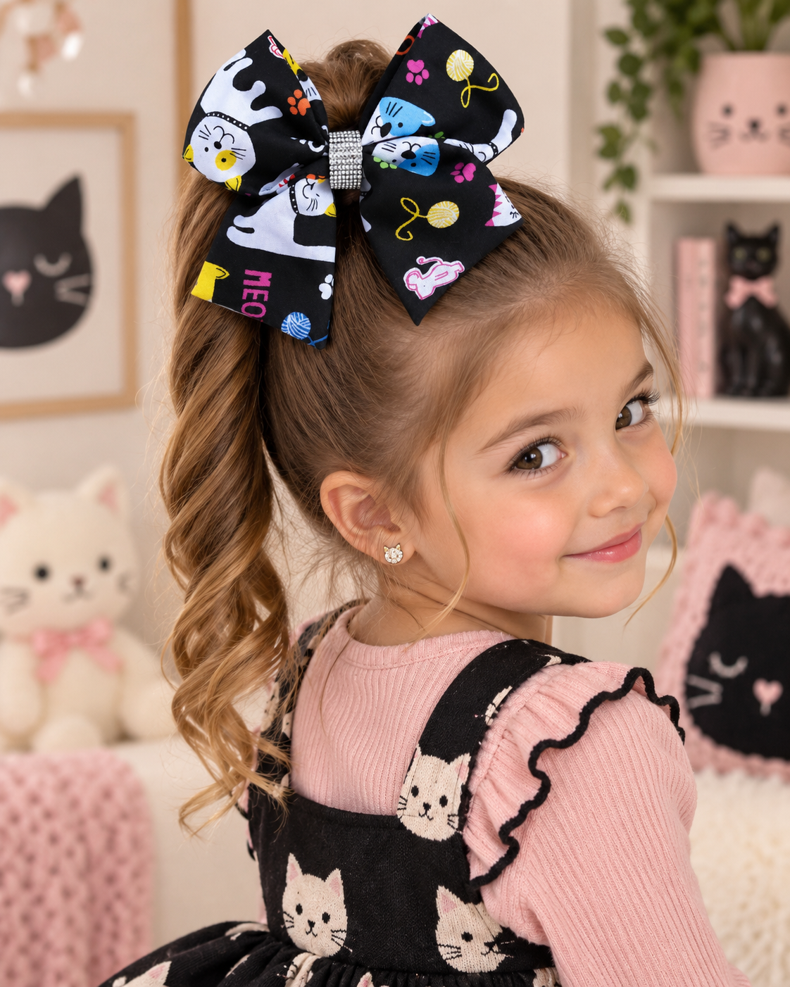 Black kitty hair bow with colorful cats paw prints and yarn balls for girls