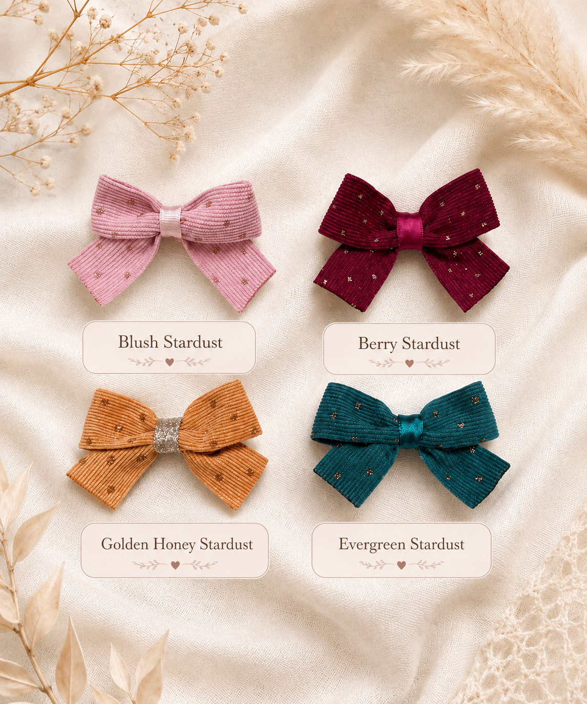Close-up of Little Stardust Corduroy - 2 Bow Set, two-bow set showing fabric and center detail