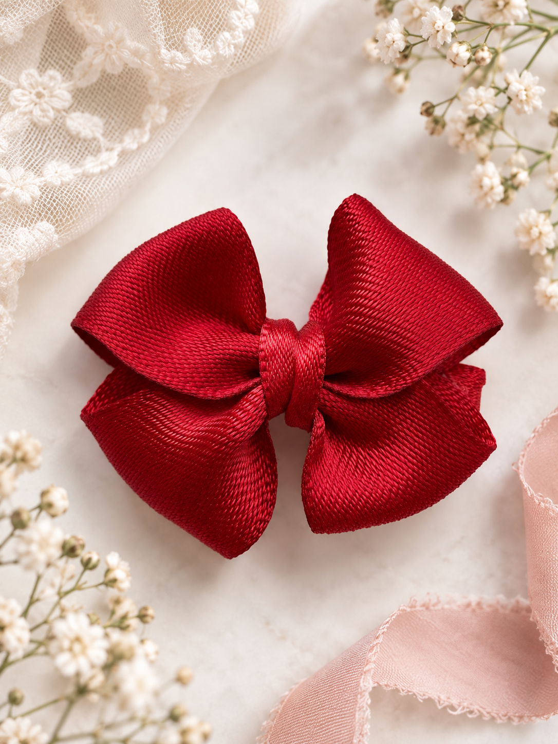 Little Ruby matching set of two ruby red satin mini hair bows