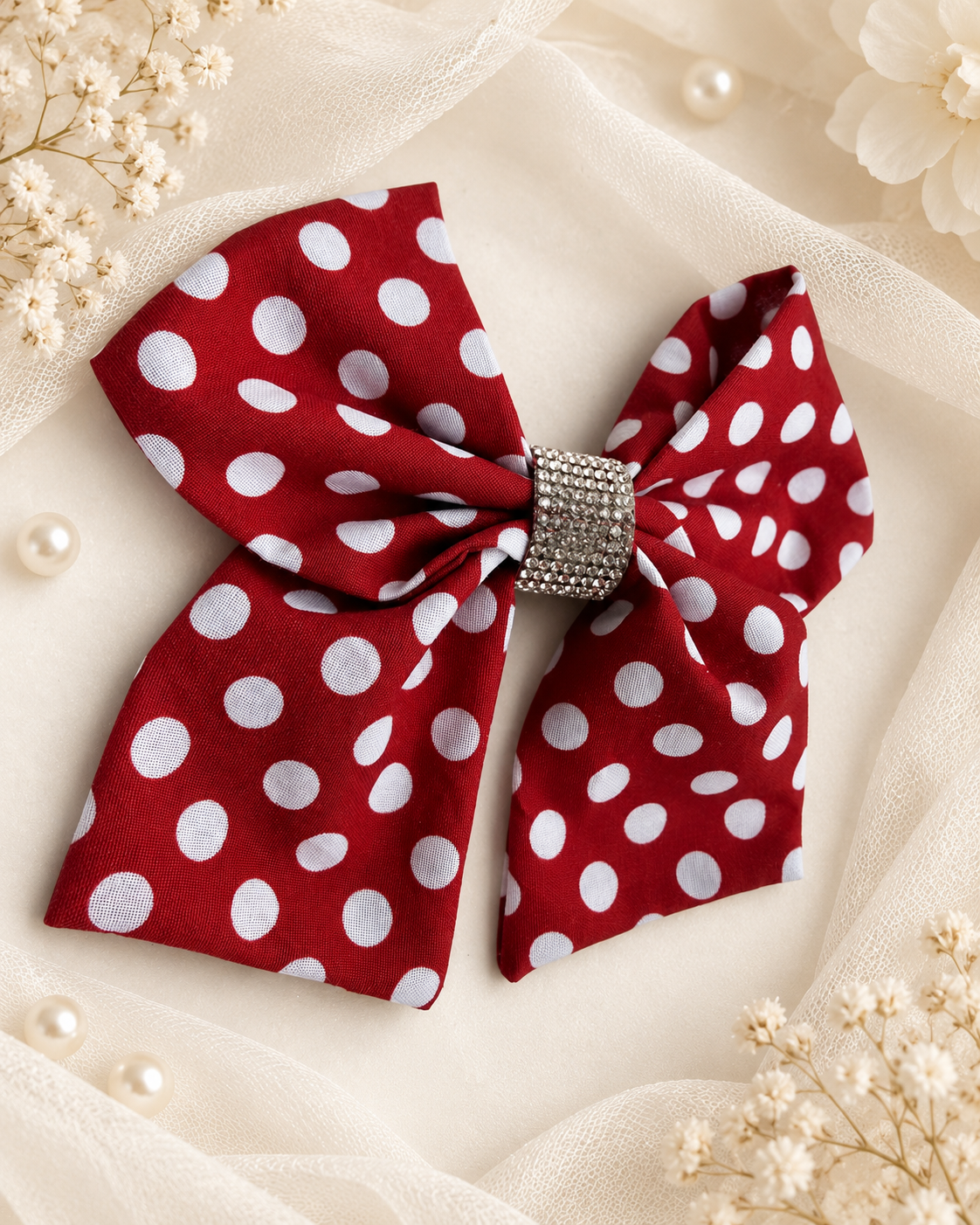 Girls red polka dot statement hair bow with rhinestone center
