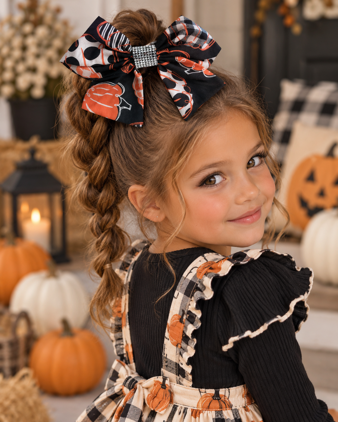 Girls black and orange pumpkin hair bow with mixed fall patterns and rhinestone center