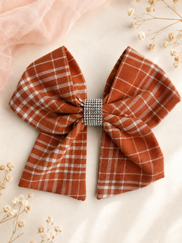 Rust plaid fall hair bow for girls with rhinestone center