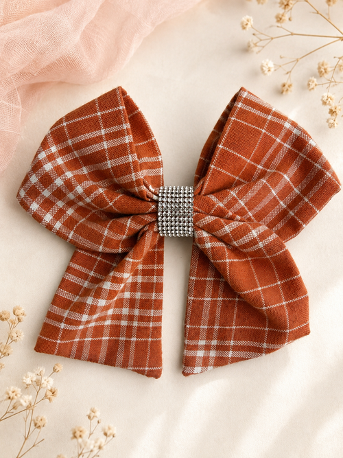 Rust plaid fall hair bow for girls with rhinestone center