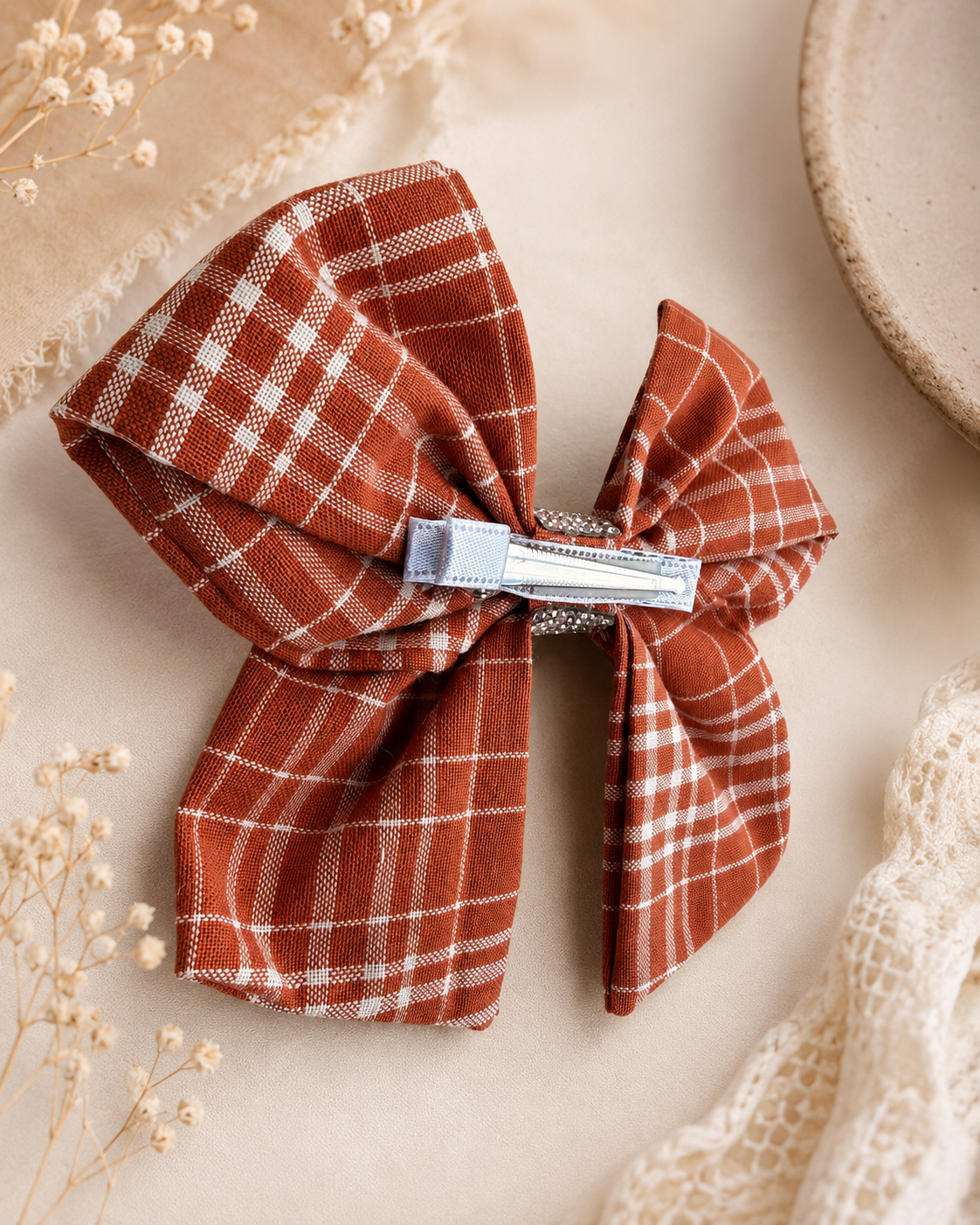 6 inch handmade plaid bow on a non-slip alligator clip 