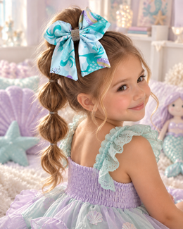 Teal unicorn hair bow with pastel rainbow details for girls