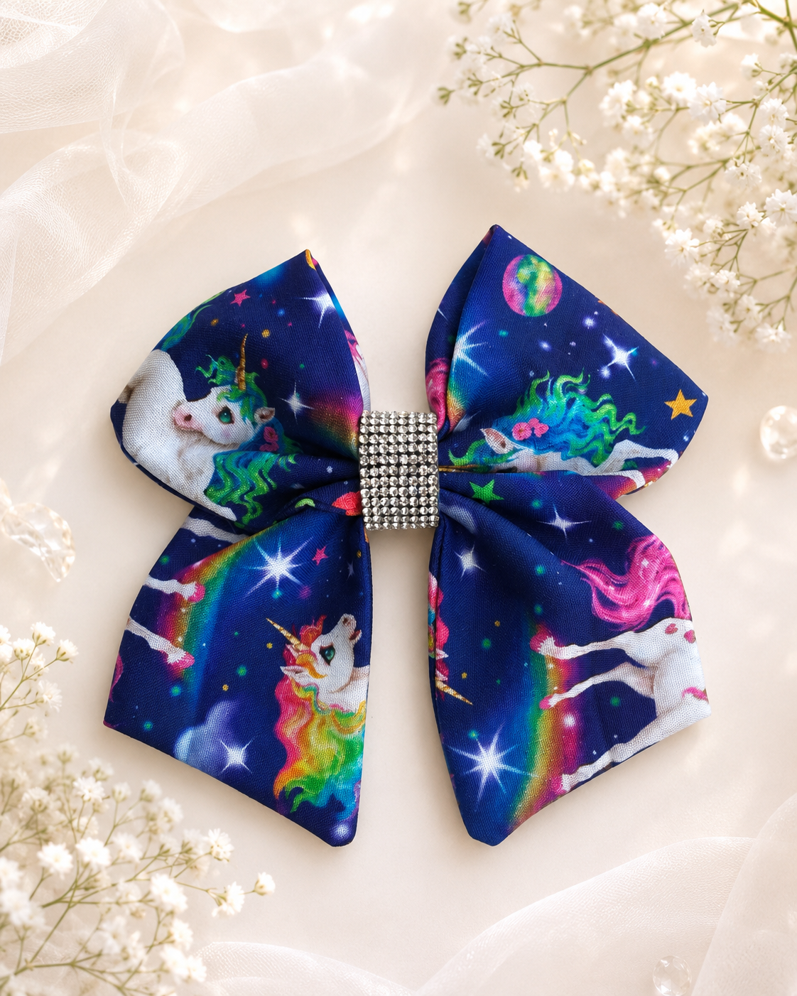 Navy galaxy unicorn 6 inch hair bow with rainbow unicorns and rhinestone center