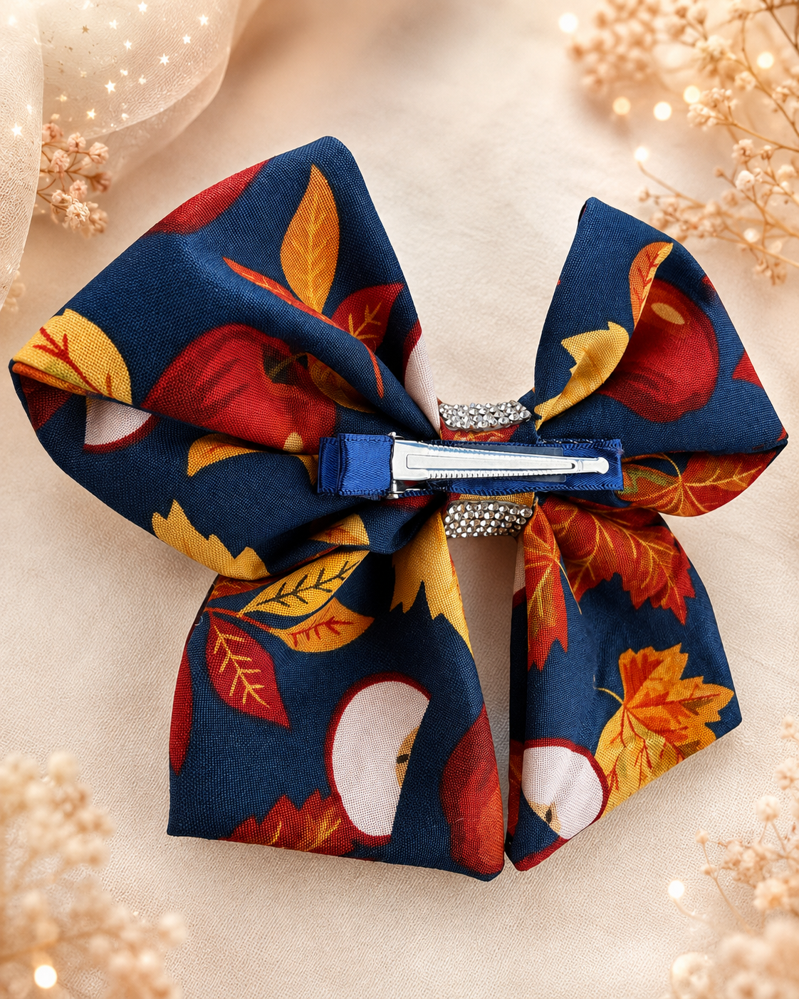 Back of Apple Orchard, 6-inch fall hair bow showing the attached non-slip alligator clip