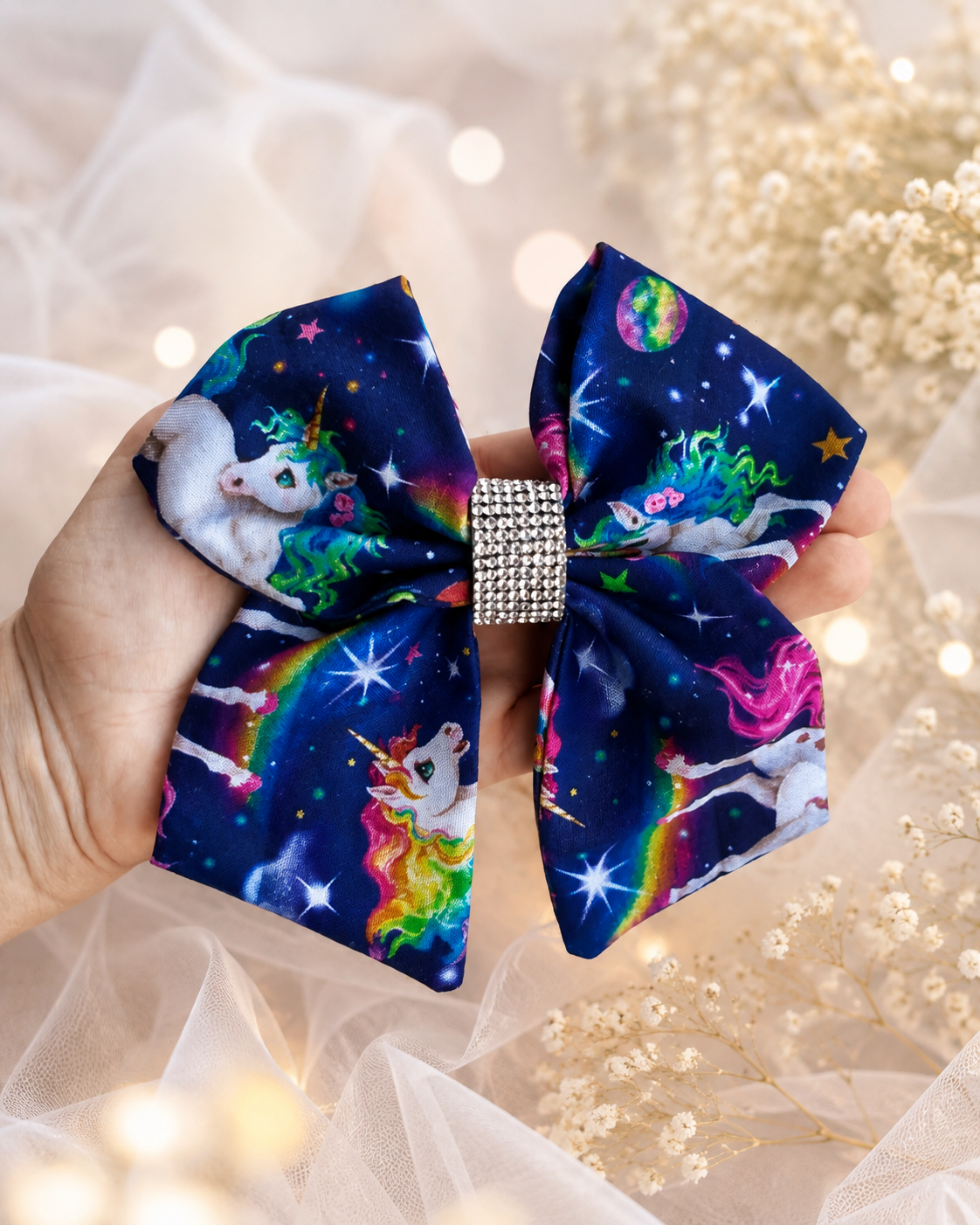 Navy rainbow unicorn bow for girls with stars planets and celestial details