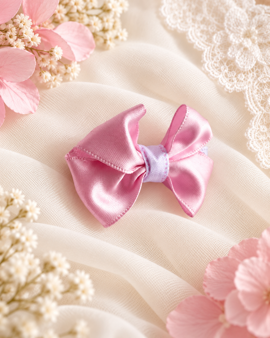 Angled product view of Little Petal, petite 2-inch blush pink satin hair bow