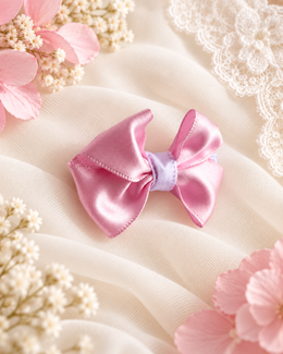 Angled product view of Little Petal, petite 2-inch blush pink satin hair bow