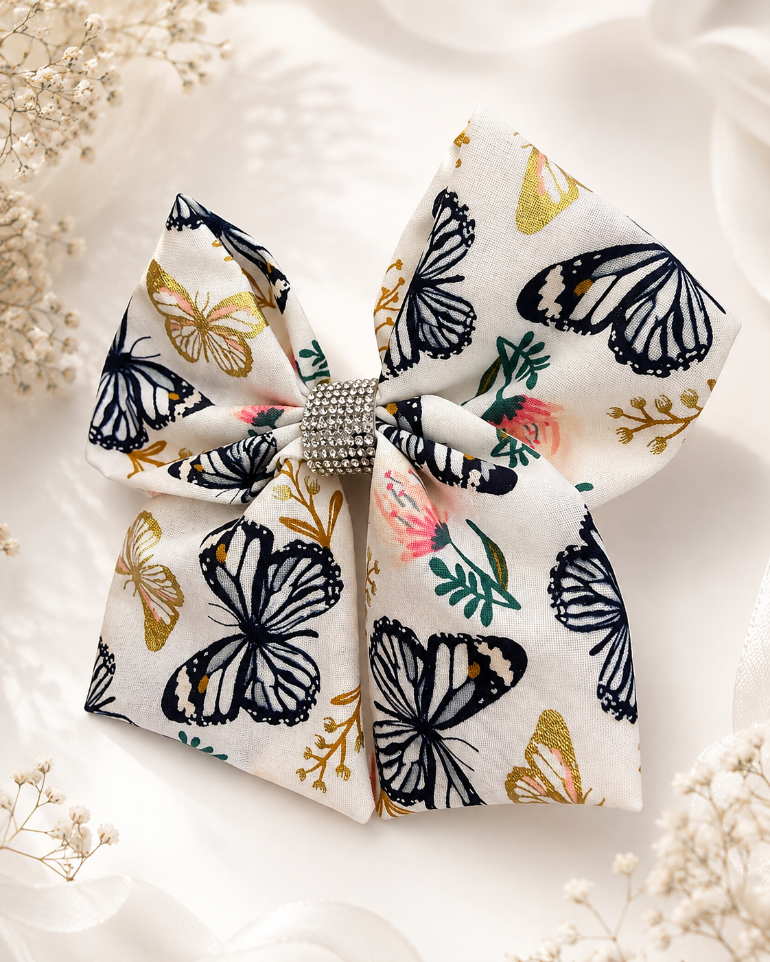 Angled product view of Flutter & Bloom Bow, 6-inch boutique hair bow