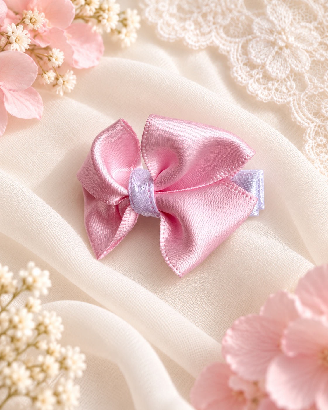 Close-up of Little Petal, petite 2-inch blush pink satin hair bow showing fabric and center detail