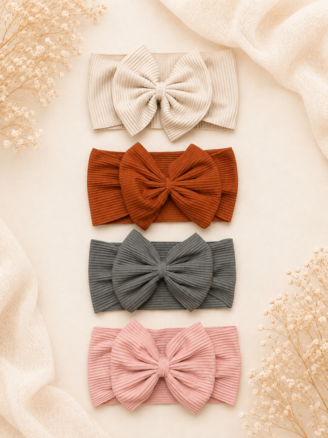 Four ribbed bow headbands in cream, rust orange, charcoal gray, and dusty pink, arranged vertically on a warm beige background with soft draped fabric and dried floral accents.