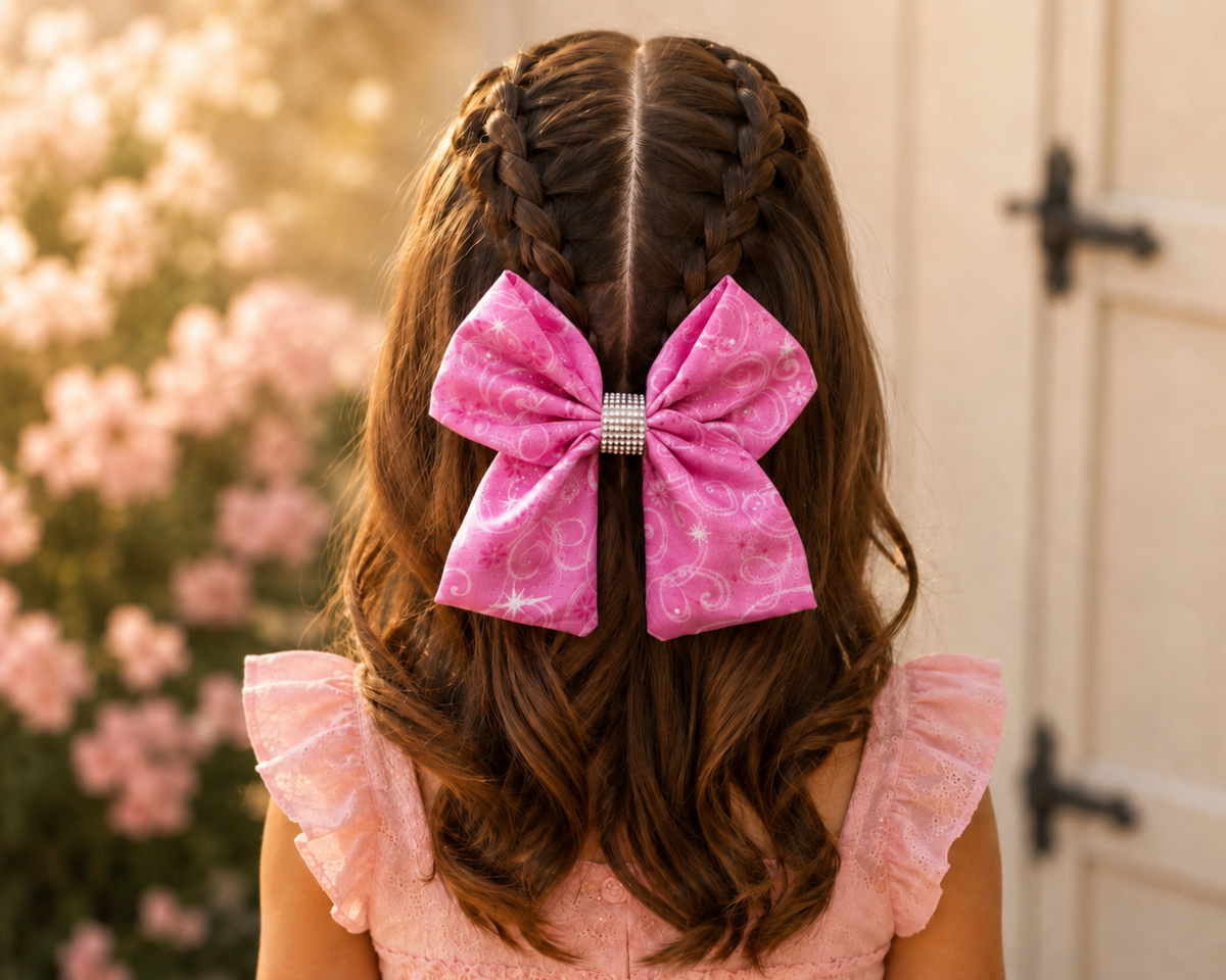 Once Upon a Sparkle, 6-inch pink fabric hair bow worn in a girl's hairstyle to show scale