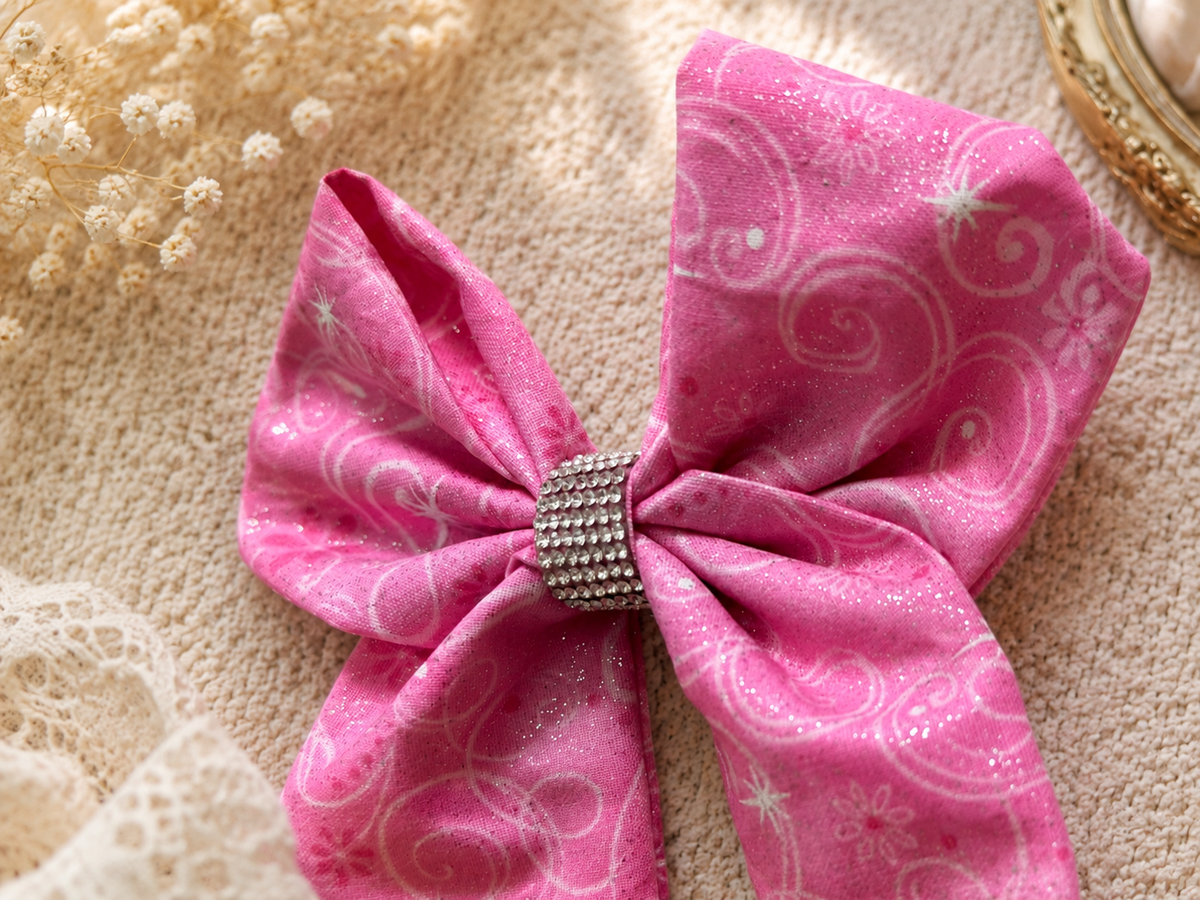Angled product view of Once Upon a Sparkle, 6-inch pink fabric hair bow