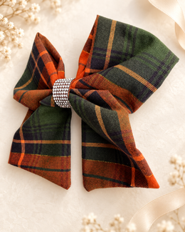 Girls fall plaid hair accessory in dark green burnt orange and tan