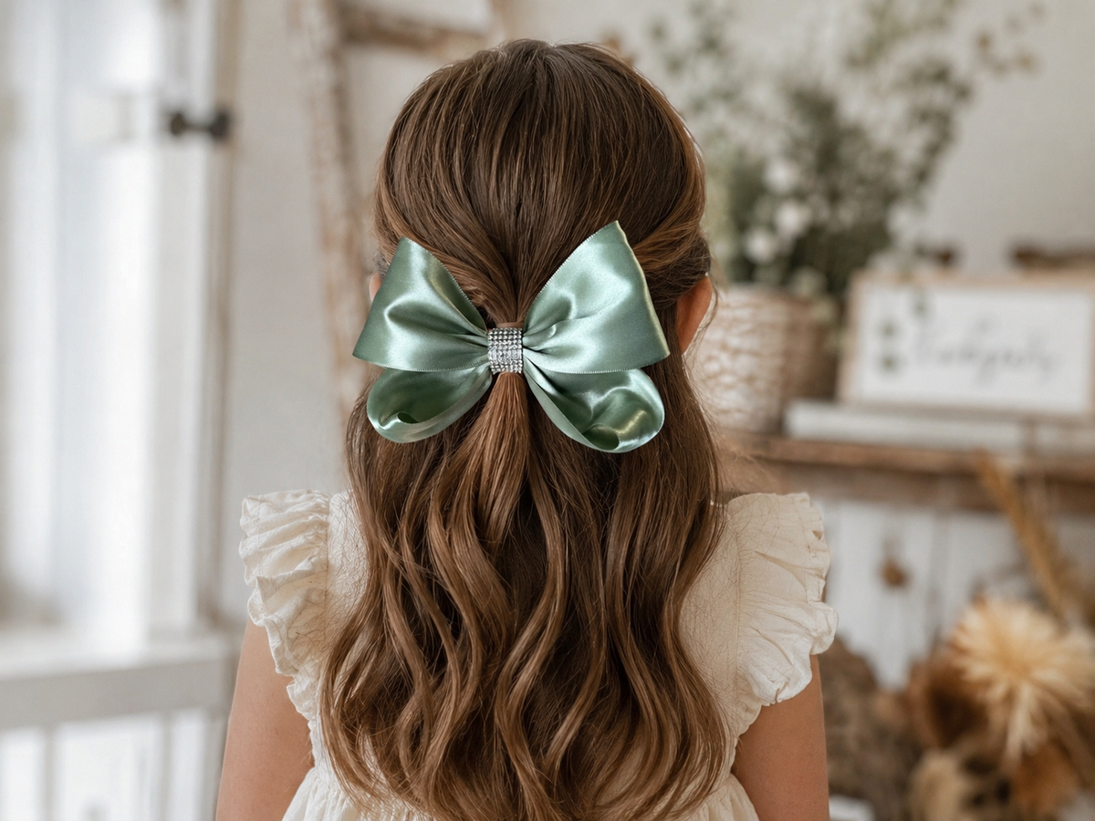 A child with long, wavy brown hair seen from behind, wearing a large satin bow hair accessory in a dusty sage green color with a rhinestone-embellished center, paired with a cream ruffled top in a softly lit indoor setting.