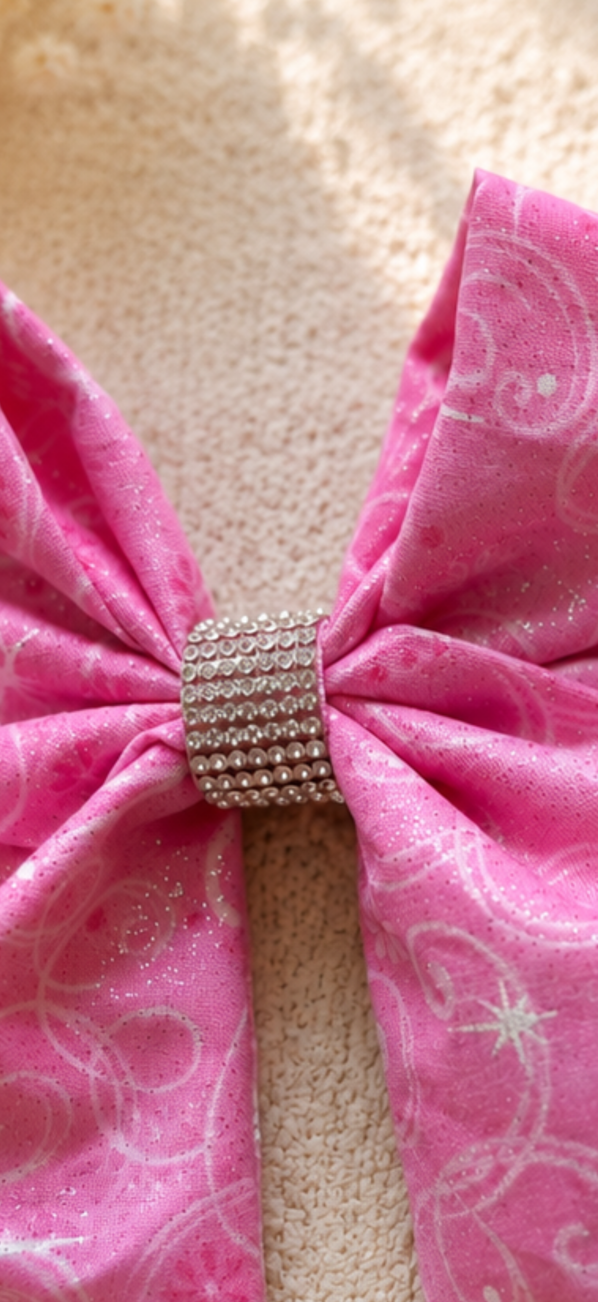 Close-up of Once Upon a Sparkle, 6-inch pink fabric hair bow showing fabric and center detail