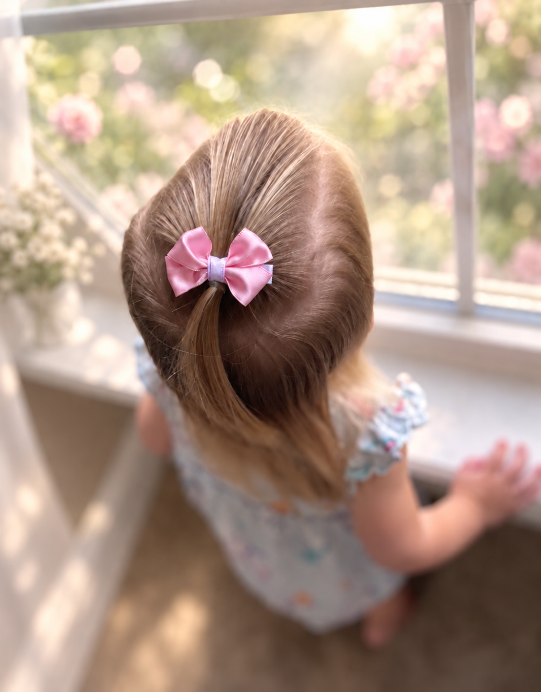 Little Petal, petite 2-inch blush pink satin hair bow worn in a girl's hairstyle to show scale