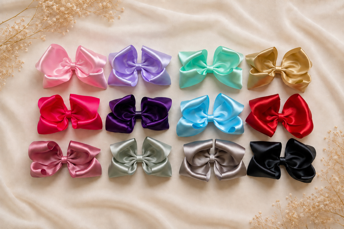 Front product view of The Classic Everly Bow, approximately 5.5-inch satin hair bow