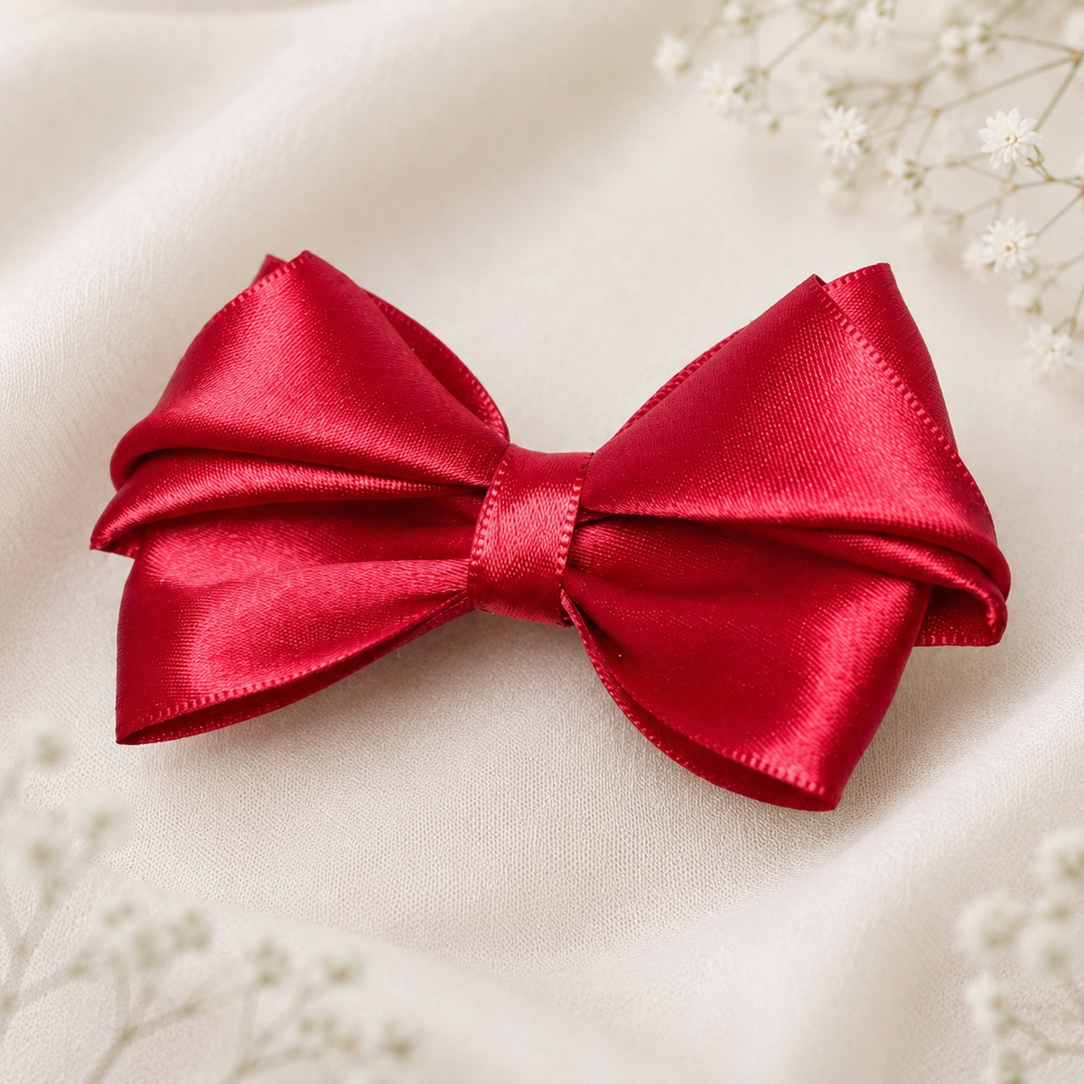 Angled product view of Merry Little Magic, 3.5-inch red satin hair bow