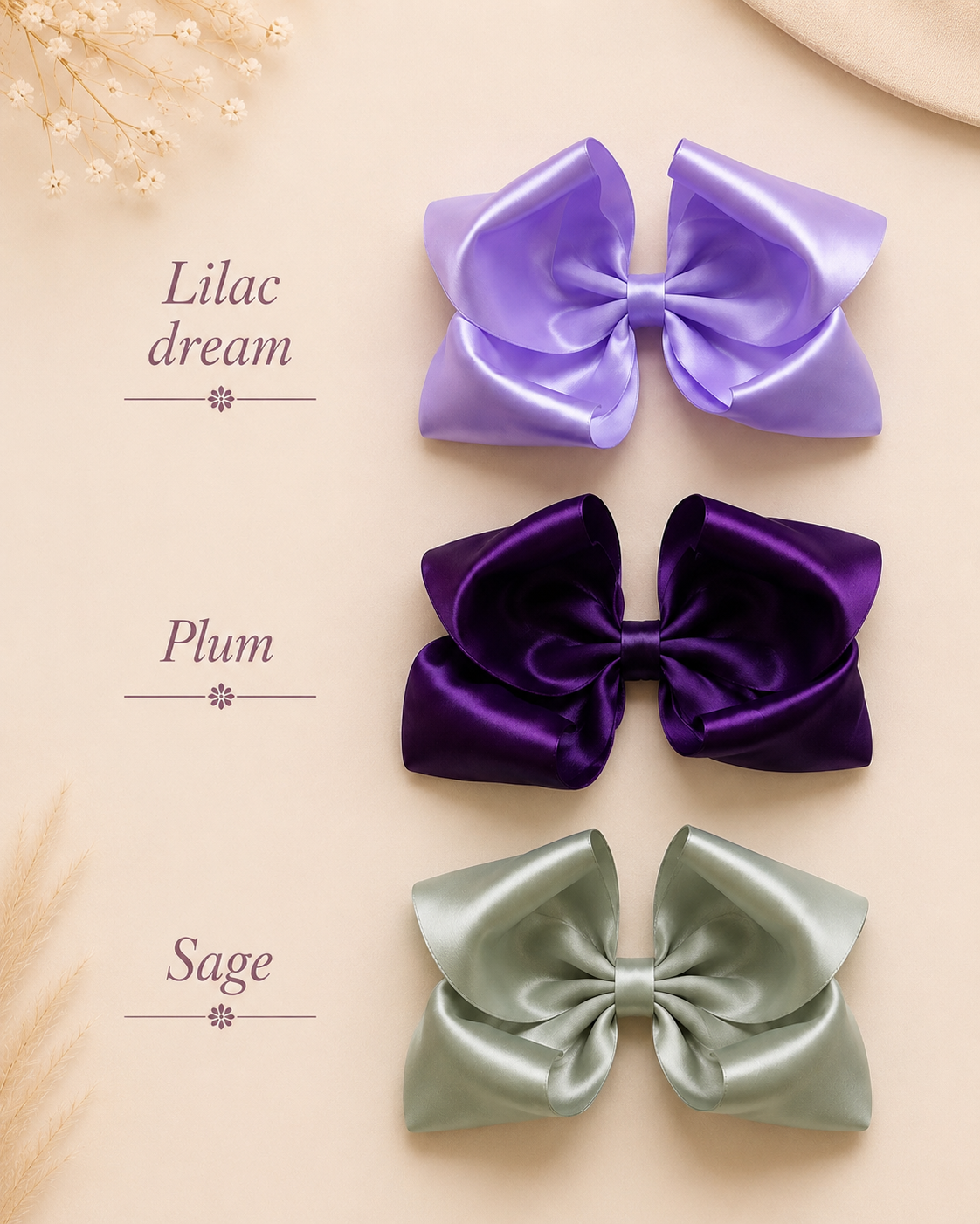 The Classic Everly Bow, approximately 5.5-inch satin hair bow held in hand to show size
