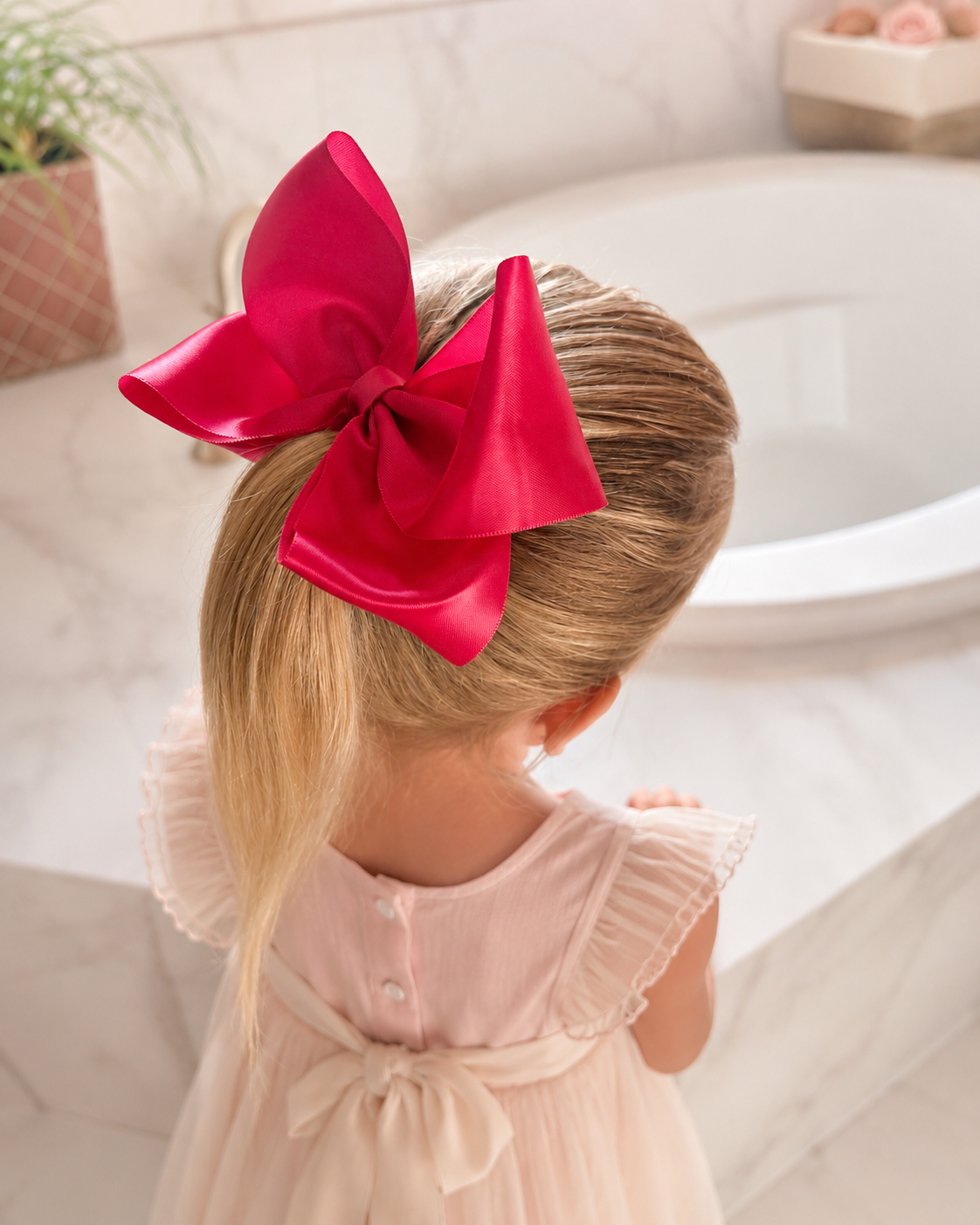 The Classic Everly Bow, approximately 5.5-inch satin hair bow worn in a girl's hairstyle to show scale