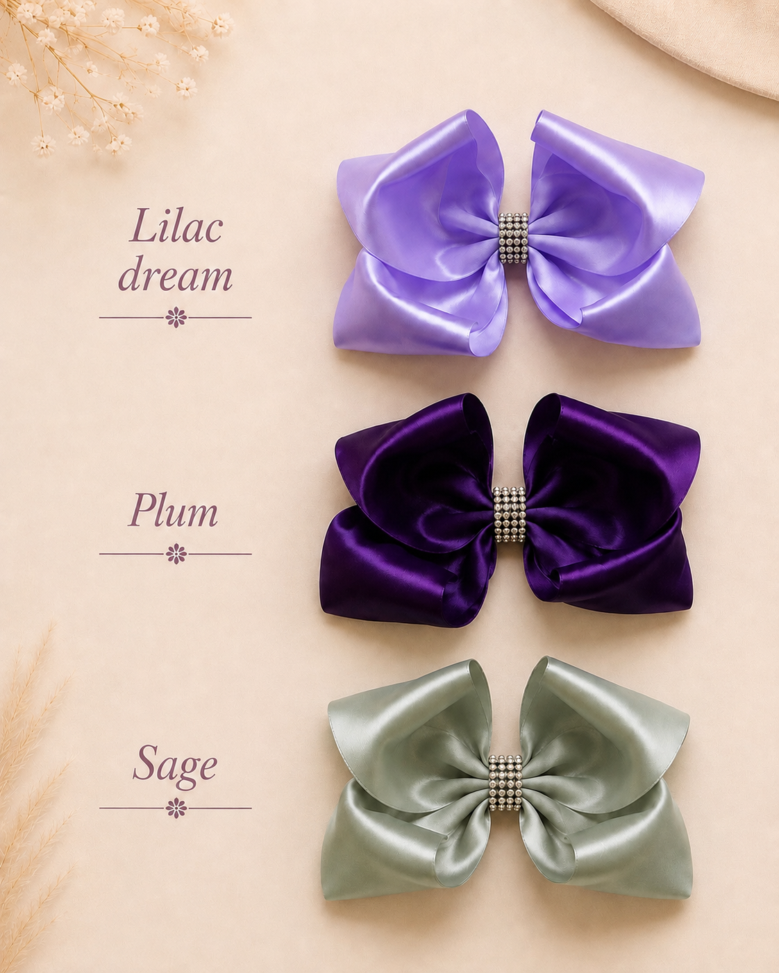 The Rhinestone Everly Bow, approximately 5.5-inch satin hair bow held in hand to show size